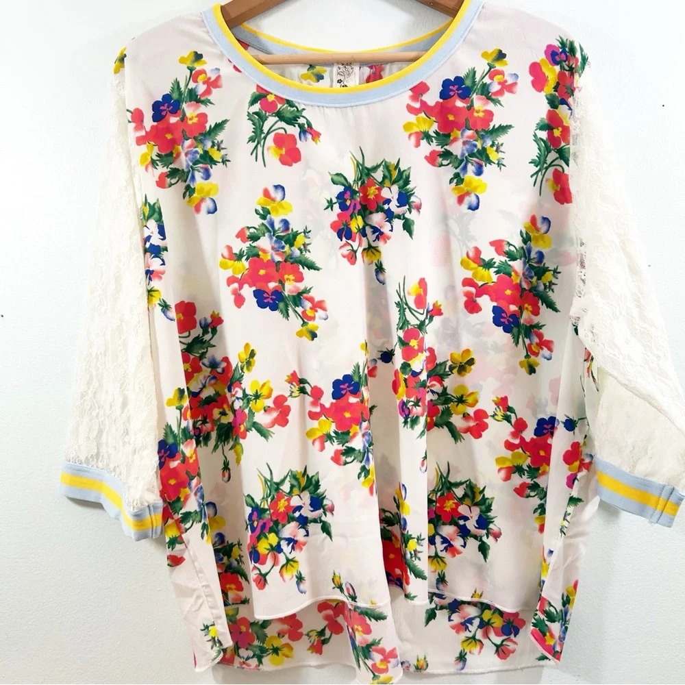 Topia Cream Red Light Blue HiLow Blouse Girly Blokecore Trim & Lace 3/4 Sleeves - Picture 15 of 16